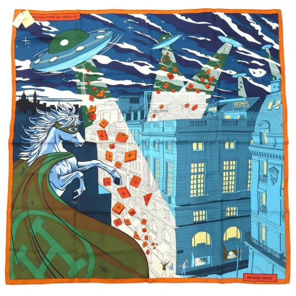HERMES Carre 90 Space Shopping Au Faubourg Silk Scarf Muffler Multicolor - Picture 1 of 7